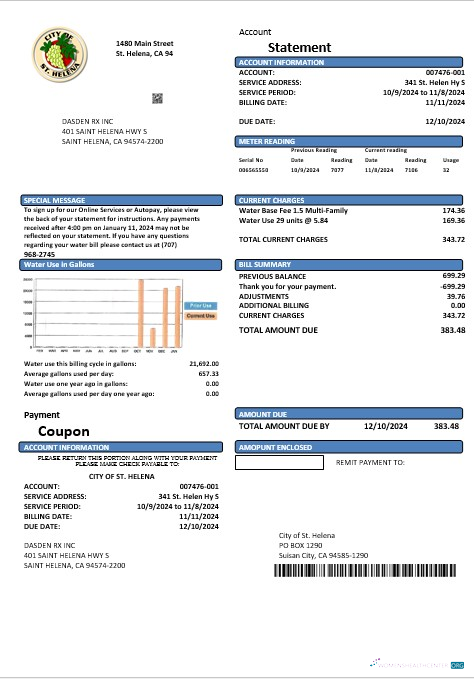 USA California City of St Helena business utility bill template in Word and PDF formats